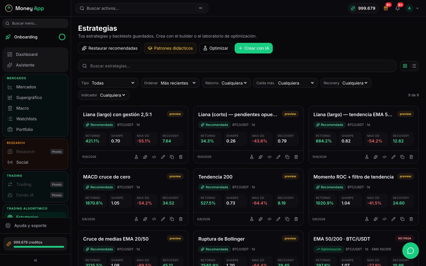 Biblioteca de estrategias y robots de Money App