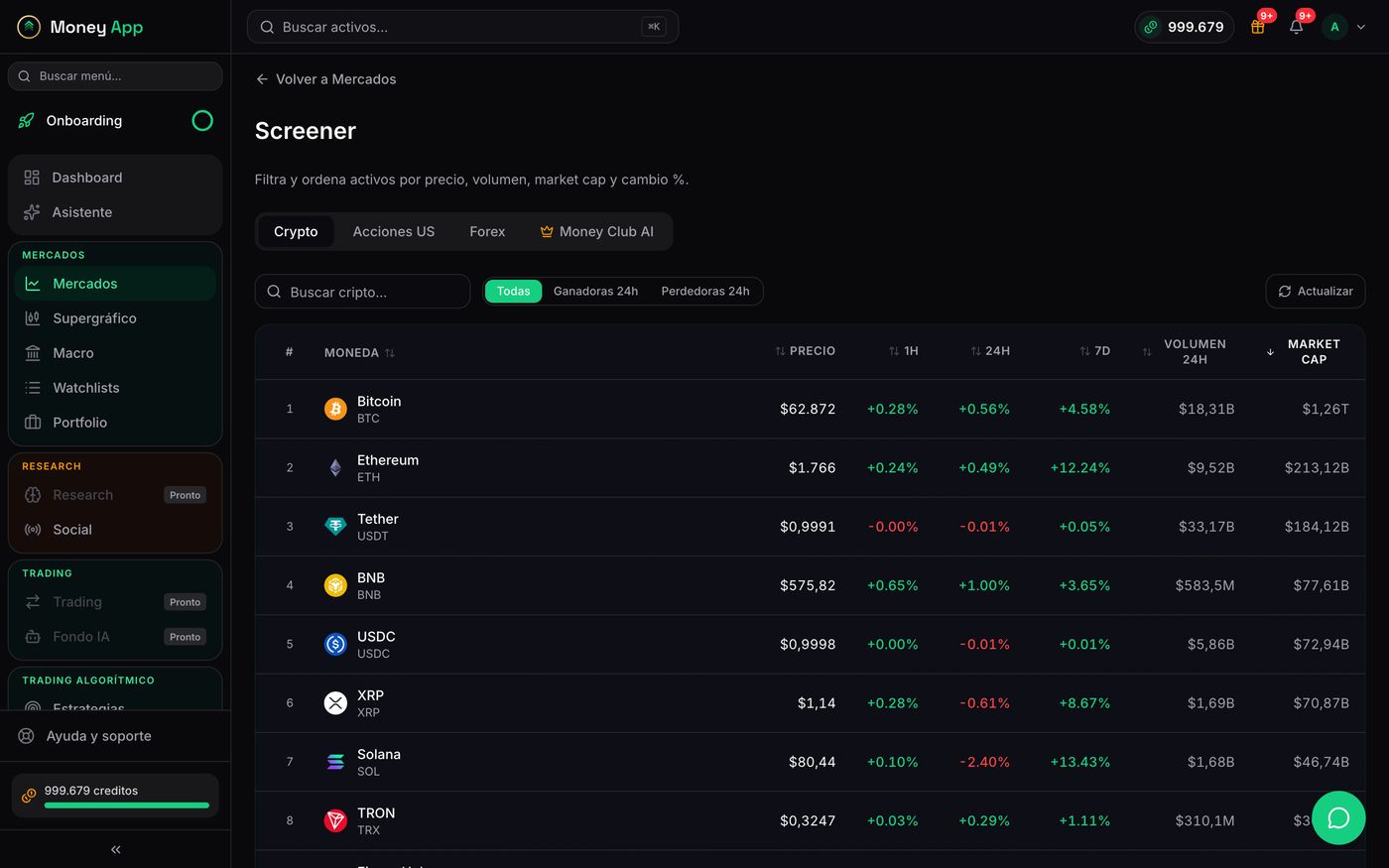 Screener de mercados de Money App